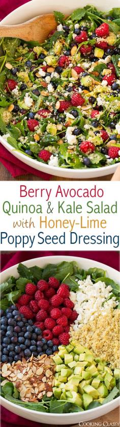 
                    
                        Berry Avocado Quinoa and Kale Salad with Honey-Lime Poppy Seed Dressing - a healthy superfood salad that is full of delicious flavors! You love this one!
                    
                