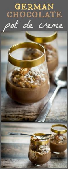 
                    
                        This easy no-bake pot de creme recipe utilizes a blender to achieve the perfect texture. Topped with German Chocolate Cake frosting, these treats are entirely irresistible!
                    
                