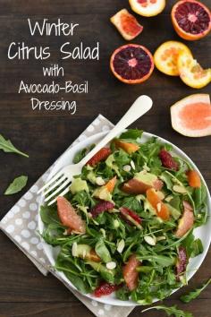 
                    
                        Winter Citrus Salad with Avocado-Basil Dressing - A healthful and flavor-packed salad. Serve as a light lunch, or add shrimp, chicken or chickpeas to turn it into a more substantial meal. | foxeslovelemons.com
                    
                