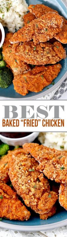 
                    
                        seriously the BEST Baked "fried" chicken! Crispy chicken marinated in spiced buttermilk then breaded with flour, panko, cornmeal and spices then baked in a little butter -tastes better than KFC without the grease and guilt! #KFCchicken #bakedfriedchicken #friedchicken
                    
                