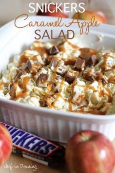 Snickers Caramel Apple Salad Recipe Desserts, Salads with Snickers Candy Bars, apples, vanilla instant pudding, milk, cool whip, caramel ice cream topping