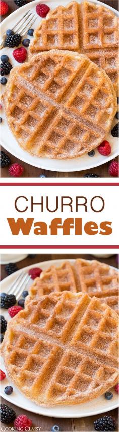 
                    
                        Churro Waffles - These taste just like a churro in waffle form! Seriously delicious!!
                    
                
