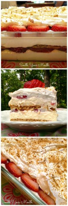 
                    
                        Strawberry Cream Cheese Icebox Cake "This is a layered dessert with graham crackers, a no-bake cheesecake filling and fresh strawberries. It's crazy easy to make so delicious! Enjoy!" | SouthYourMouth.com
                    
                