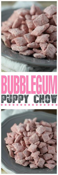 
                    
                        Bubblegum Puppy Chow: Addicting bubblegum puppy chow with only 4 common ingredients!
                    
                