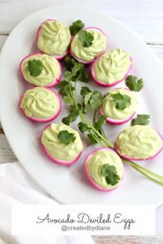 Avocado Deviled Eggs. For St. Pat's Day Dye peeled hard boiled egg's in approx. 3 drop's of  liquid green food color instead to make them more festive for the holiday.