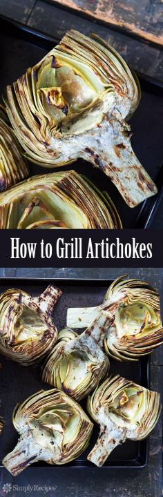 
                    
                        Grilled Artichokes are the BEST! Artichoke halves, steamed first, then infused with herbed oil and grilled until smoky and tender. Delicious! On SimplyRecipes.com
                    
                