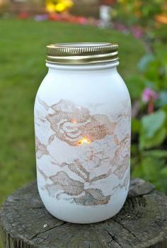 lace spray painted jar votive @Michelle Flynn Flynn Flynn Flynn Koke @Barb Peterson Peterson Peterson Peterson Koke