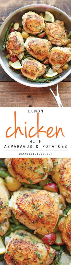 
                    
                        Lemon Chicken with Asparagus and Potatoes - Crisp-tender chicken baked to absolute perfection. It's truly an entire meal in a single skillet!
                    
                