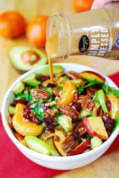 
                    
                        Apple Cranberry Spinach Salad with Pecans Avocados and Balsamic Vinaigrette Dressing
                    
                