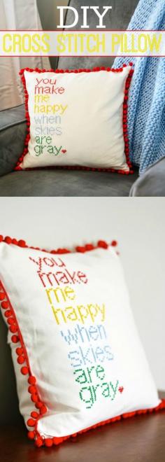 
                    
                        Use a saying to make this pretty DIY cross stitch pillow cover - and then add a cute pom pom trim!
                    
                