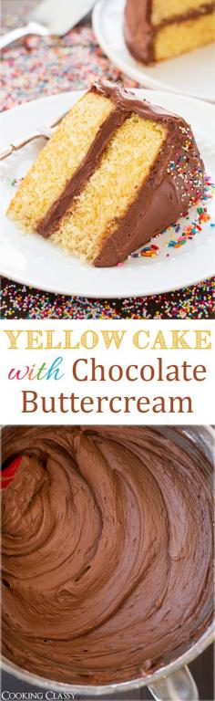 
                    
                        Yellow Cake with Chocolate Buttercream Frosting - this cake is soft and moist. It's so DELICIOUS! And the chocolate frosting is the BEST!
                    
                