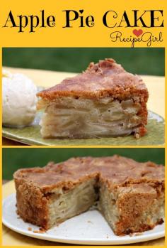Apple Pie Cake Recipe ~ Says: In this recipe, a cake batter is poured in and around the apples to hold it all together in the consistency of a cake, but there are so many apples involved that it can officially pass for a pie too.