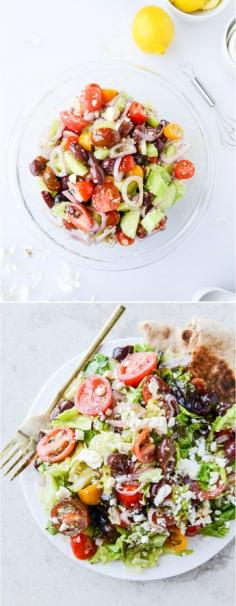 
                    
                        The best ever greek salad - my favorite salad plus a dressing that works on EVERYTHING. and a how-to on making your own whole wheat pita! I howsweeteats.com
                    
                