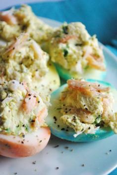 Crab and Lemon Pepper Deviled Eggs recipe—a staple for summer get togethers! - no dyed eggs - ewwwww