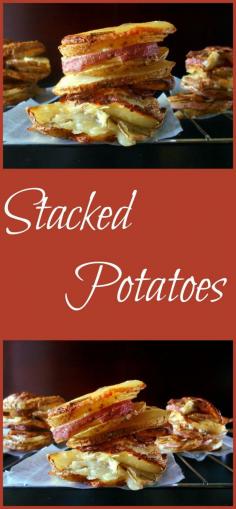 
                    
                        Potato Stack made using red and white potatoes.  Use Milk and yogurt with rosemary and garlic.  Use a muffin tray to keep the shape of the potatoes.  Potato Au Gratin, Scalloped potatoes
                    
                