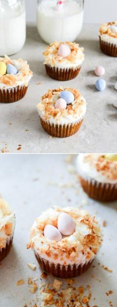 
                    
                        Banana Carrot Cupcakes with Coconut Cream Cheese Frosting - little coconut nests with cadbury mini eggs! I howsweeteats.com
                    
                