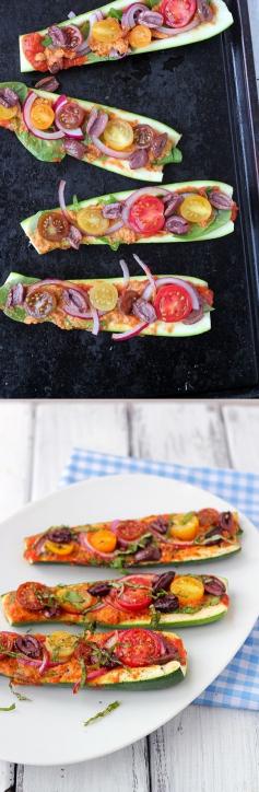 
                    
                        Zucchini Pizza Boats - A delicious, easy to prepare and healthy pizza. (Vegan, gluten free)
                    
                