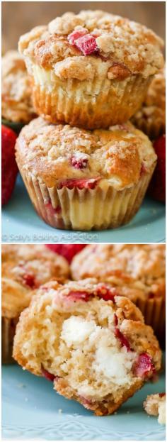 
                    
                        Soft strawberry studded muffins layered with a light cheesecake filling and topped with brown sugar streusel. A necessary indulgence any morning of the week.
                    
                