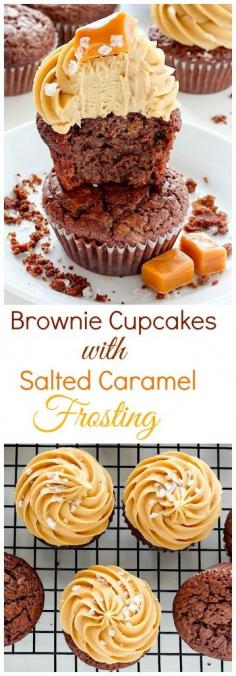 
                    
                        Dark Chocolate Brownie Cupcakes with Salted Caramel Frosting - these cupcakes are a dream come true for chocolate and caramel lovers!
                    
                