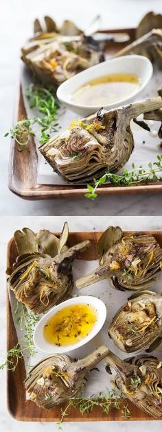 
                    
                        Grilled Artichokes with a super flavorful Garlic Butter. I could make it a meal in itself! | foodiecrush.com
                    
                