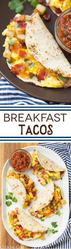 
                    
                        Breakfast Tacos with Fire Roasted Tomato Salsa - definitely a favorite comfort food around here! Can sub a package of frozen diced potatoes but the homemade refried beans are a must in my opinion! Same recipe works for burritos too.
                    
                