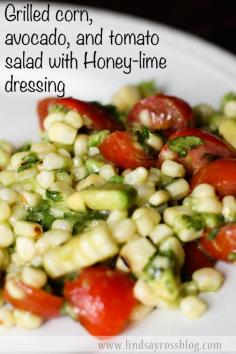 
                    
                        This is SOOOO good!!!  Light, healthy, perfect side-dish.  Grilled corn-on-the-cob, avocado, tomatoes and cilantro mixed with a light honey-lime dressing.  So easy to make and seriously so so so so good!!  One of my favorite recipes.
                    
                
