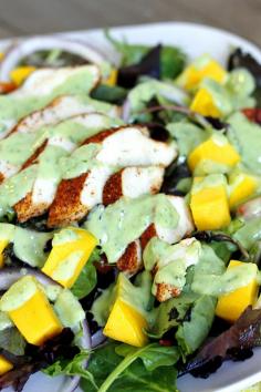 Blackened Chicken and Mango Salad with Creamy Avocado Dressing - Makes 2 Large Salads ( A Meal in itself ) /// Very good! I only used half of a jalapeño and added 2 chunks of pineapple and more greek yogurt to the dressing.