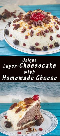 
                    
                        Unique Cheesecake with Homemade Cheese.   Unique No-bake Layered Cheesecake made with Homemade Cheese Two flavors - chocolate and lemon, filled with dried fruits
                    
                