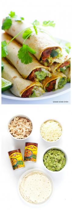 
                    
                        5-Ingredient Chicken Guacamole Baked Taquitos -- made easy in the oven, and so delicious! | gimmesomeoven.com
                    
                
