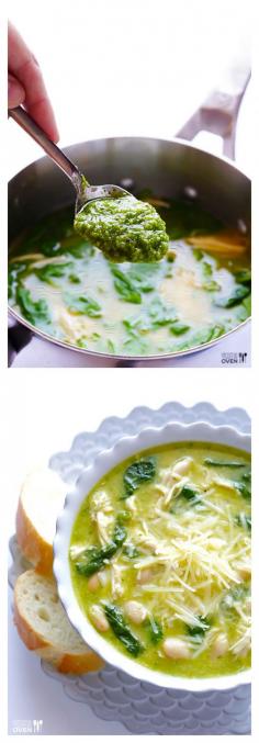 This 5-Ingredient Pesto Chicken Soup is easy to make  full of flavor.... Chicken broth, baby spinach, beans, chicken & pesto.