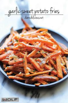 Baked Garlic Sweet Potato Fries - Damn Delicious - I've tried a few baked sweet potato fries recipes, but I'm always looking for another good one. Mmm!