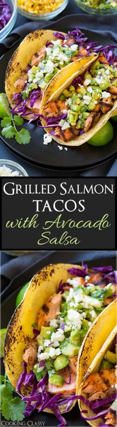 
                    
                        Grilled Salmon Tacos with Avocado Salsa - these tacos are AMAZING! Healthy and delicious!
                    
                