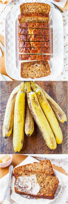 
                    
                        Six-Banana Banana Bread - Yes, 6 bananas in 1 loaf means it's super soft, moist & robust banana flavor! Now you know what to do with all your ripe bananas!
                    
                