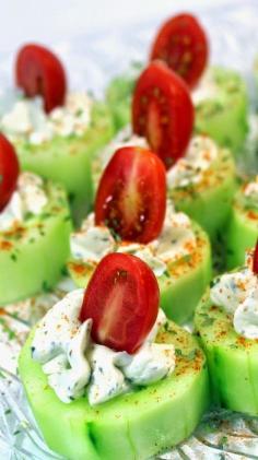 
                    
                        Cucumber Bites with Herb Cream Cheese and Cherry Tomatoes - Perfect dish for a catering appetizer or side dish, Great for a pass a plate PotLuck event or any big family gathering.
                    
                