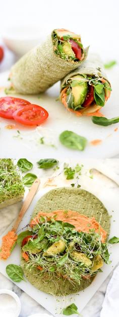 
                    
                        My favorite hummus for wrapping is a spicy roasted red pepper, then load it up with sprouts and veg | foodiecrush.com
                    
                