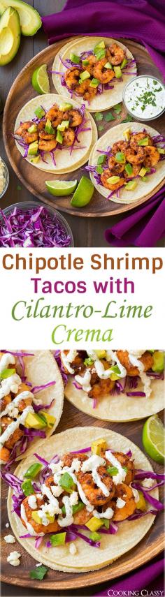 
                    
                        Chipotle Shrimp Tacos with Cilantro Lime Crema - these are easy, flavorful and seriously delicious!!
                    
                
