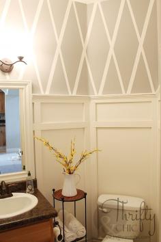Bathroom makeover with diamond pattern wall using painter's tape and board and batten/// i like the gray color and the b&b