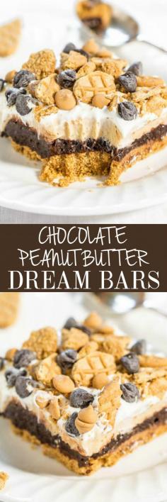 
                    
                        Chocolate Peanut Butter Dream Bars - Nutter Butter crust, chocolate pudding, and peanut butter cream cheese filling!! Easy, almost no-bake, and beyond AMAZING!! Lives up to their dreamy name!!
                    
                