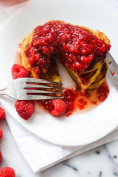 
                    
                        Honey Cornbread Pancakes with Raspberry Sauce
                    
                