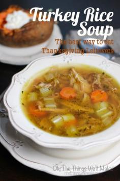 
                    
                        Thanksgiving Leftover Soup (Turkey Rice Soup With Everyday Chicken Alternative). Don't throw the bones and skin away, instead make this nourishing and tasty Turkey Rice Soup, the best way to eat your Thanksgiving leftovers!
                    
                