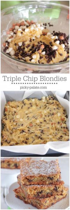 
                    
                        Triple Chip Blondies, chewy and packed with sweetness!  #blondies #recipe #dessert #chocolatechip
                    
                