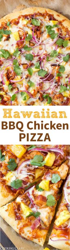 
                    
                        Hawaiian BBQ Chicken Pizza - this pizza is INCREDIBLE! BBQ sauce, grilled chicken, fresh pineapple, bacon, red onion, mozzarella and cilantro.
                    
                