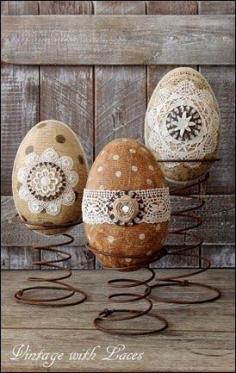
                    
                        Easter Decoration - Decoupaged and Embellished Paper Mache Eggs on Rusty Bed Springs
                    
                