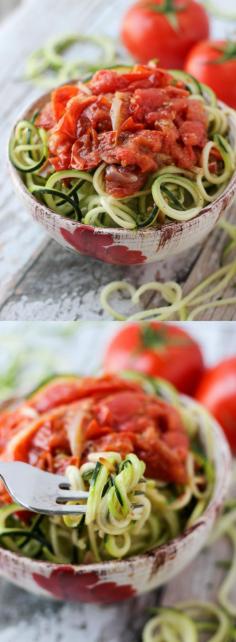 
                    
                        Spiralized Zucchini Noodles with a Simple Roasted Tomato Sauce. An easy, quick Meatless Monday supper that's gluten-free and vegan l Steph in Thyme
                    
                