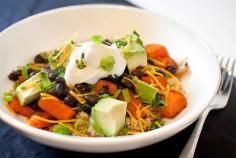 
                    
                        Healthy Recipe | Sweet potatoes with avocado, black beans, grated cheddar cheese,  green onions and sour cream...
                    
                