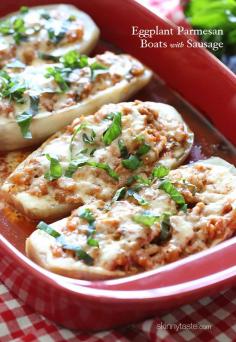 Baked Eggplant Parmesan Boats with Sausage Recipe ~ these eggplant "boats" are hollowed out and stuffed with sweet Italian chicken sausage and tomato sauce, then topped with melted mozzarella