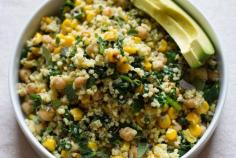 Lemony millet salad with chickpeas, corn, + spinach; perfect for #meatlessmonday, work lunches, and summer barbecues. Can use quinoa instead of millet too!