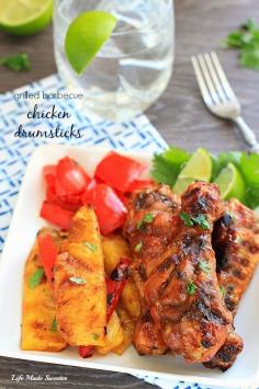
                    
                        Grilled barbecue chicken drumsticks are basted with Kraft Sweet Honey Barbecue Sauce to create a delicious mild and sweet flavor along with grilled pineapples and bell peppers. This would make a perfect meal to add to your game day menu! ‪ #Evergriller #CleverGirls #sponsored
                    
                