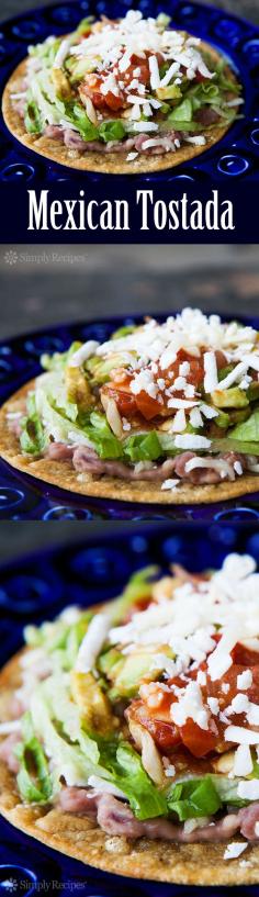 
                    
                        Mexican Tostada ~ Bean tostada with crispy fried corn tortilla topped with refried beans, grated cheese, chopped avocado and tomato, sliced lettuce, and salsa. ~ SimplyRecipes.com
                    
                