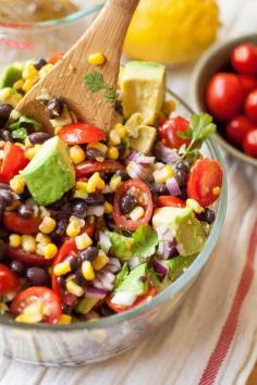 Summer Corn, Avocado  Black Bean Salad via produceonparade #Salad #Corn #Avocado #BlackBean #Tomato #Healthy #Recipe #Yum